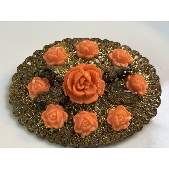 Vintage Carved Celluloid‎ Large Brooch Filigree - Picture 7 of 12